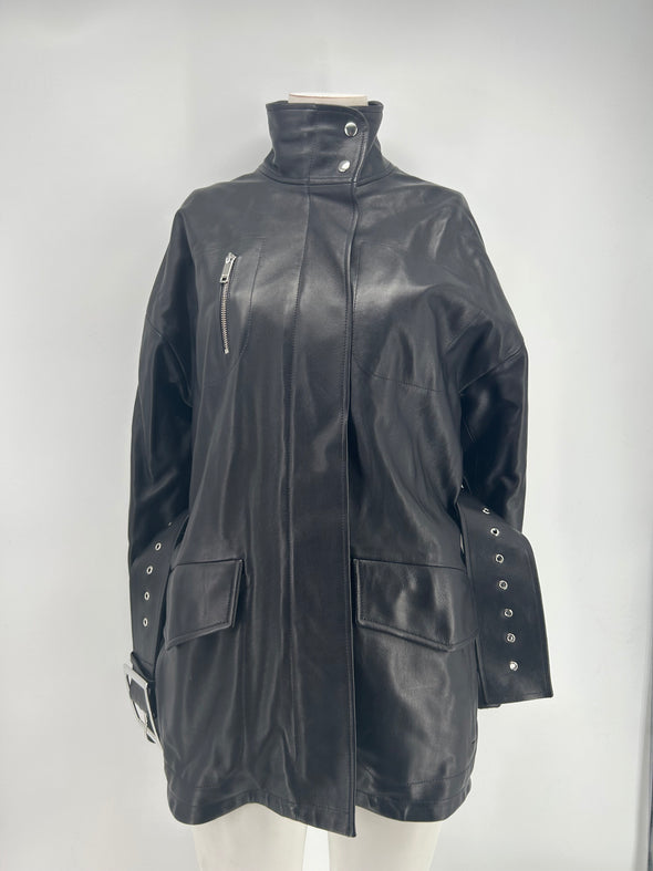 Veste en cuir noir à ceinture