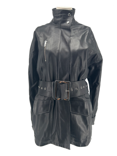 Veste en cuir noir à ceinture