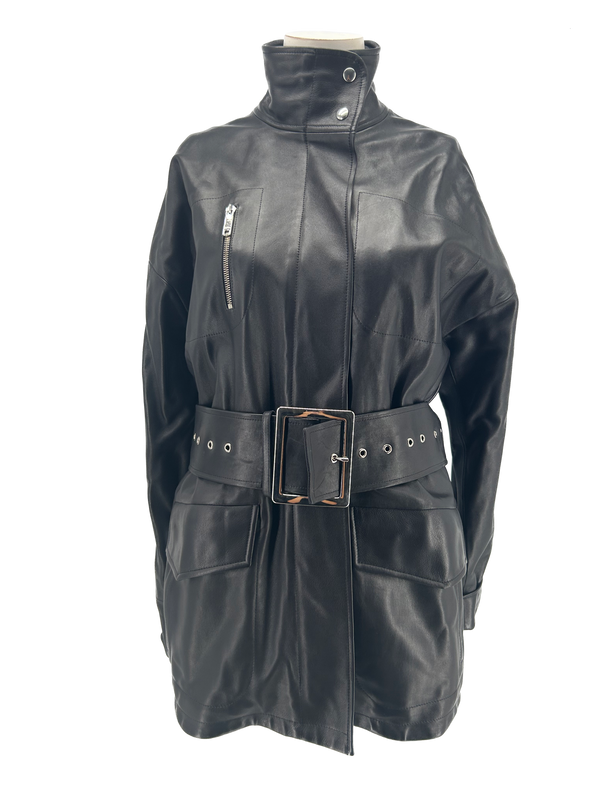 Veste en cuir noir à ceinture