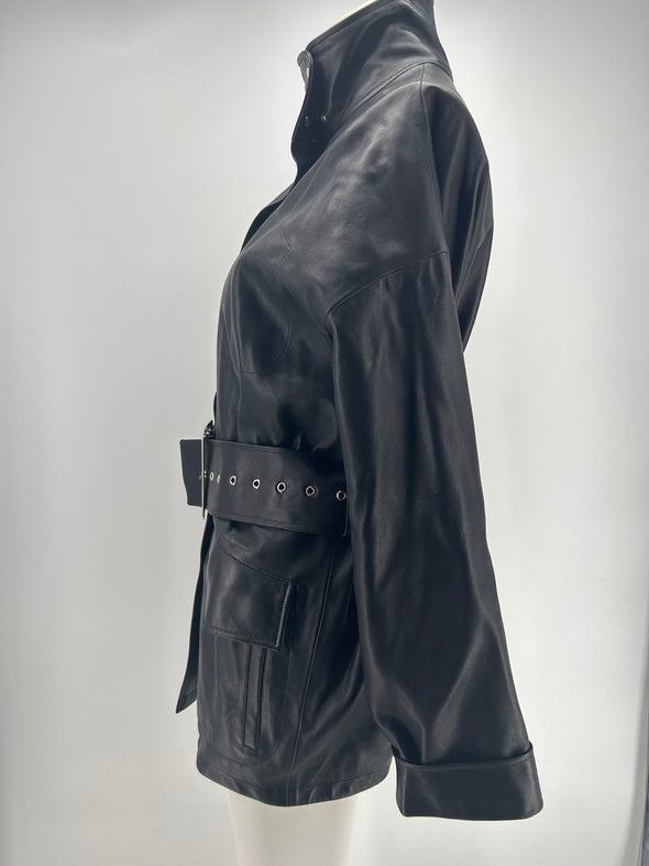 Veste en cuir noir à ceinture