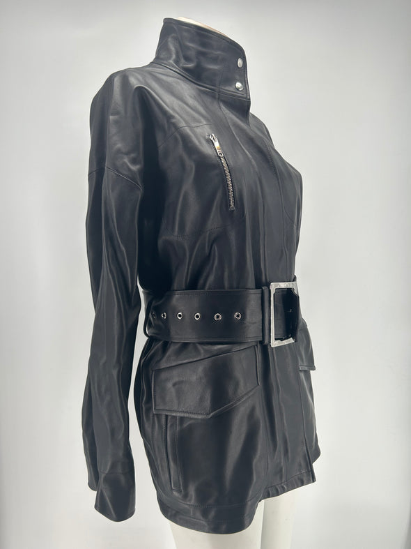 Veste en cuir noir à ceinture