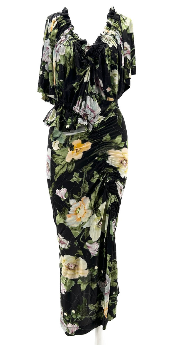 Robe longue à col volanté avec imprimé floral