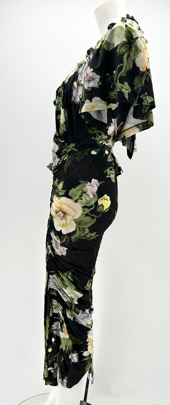 Robe longue à col volanté avec imprimé floral