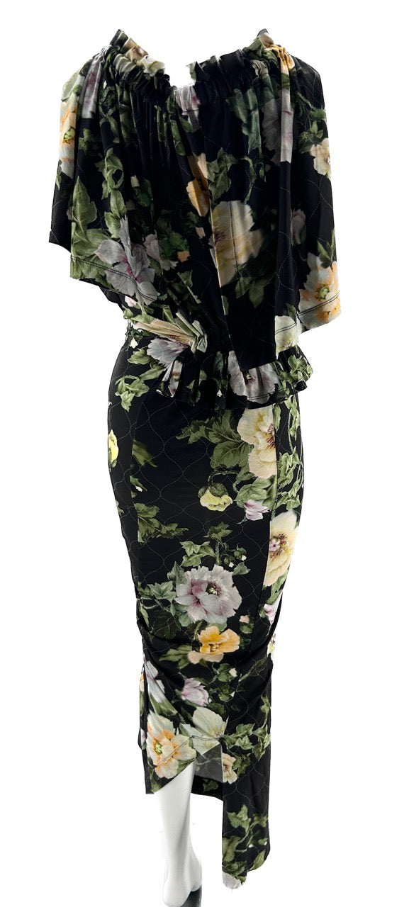 Robe longue à col volanté avec imprimé floral