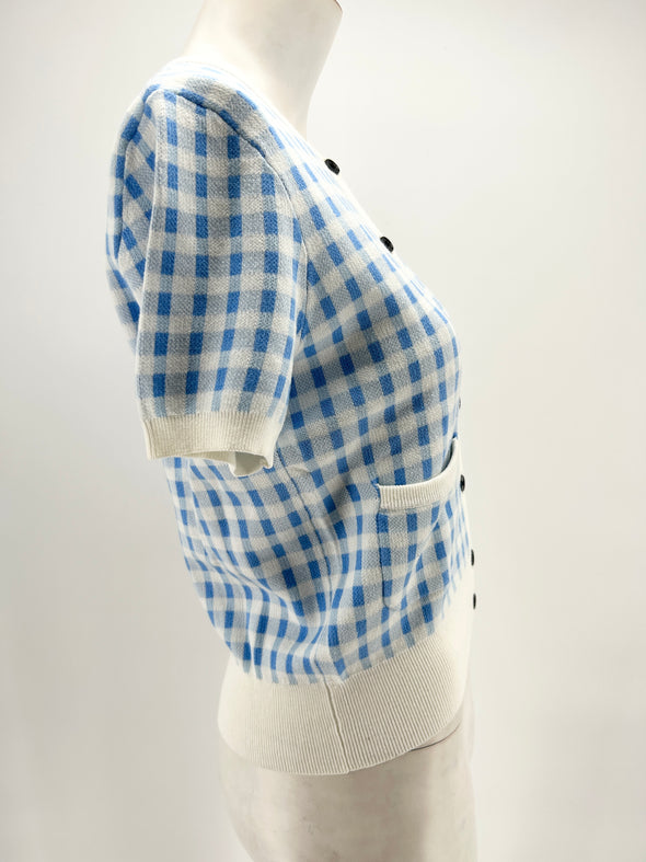 Cardigan blanc à carreaux bleus