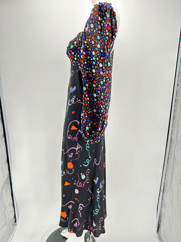 Robe longue noire avec pois multicolore