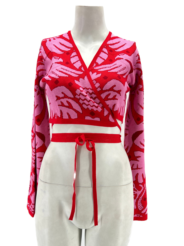 Cardigan rose et rouge imprimé perroquet