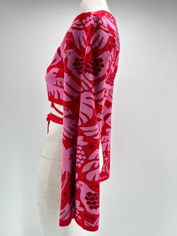 Cardigan rose et rouge imprimé perroquet