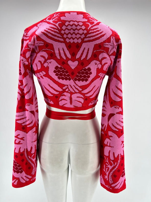 Cardigan rose et rouge imprimé perroquet