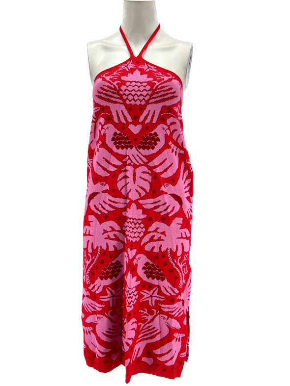 Robe rose et rouge dos nu à motifs oiseaux