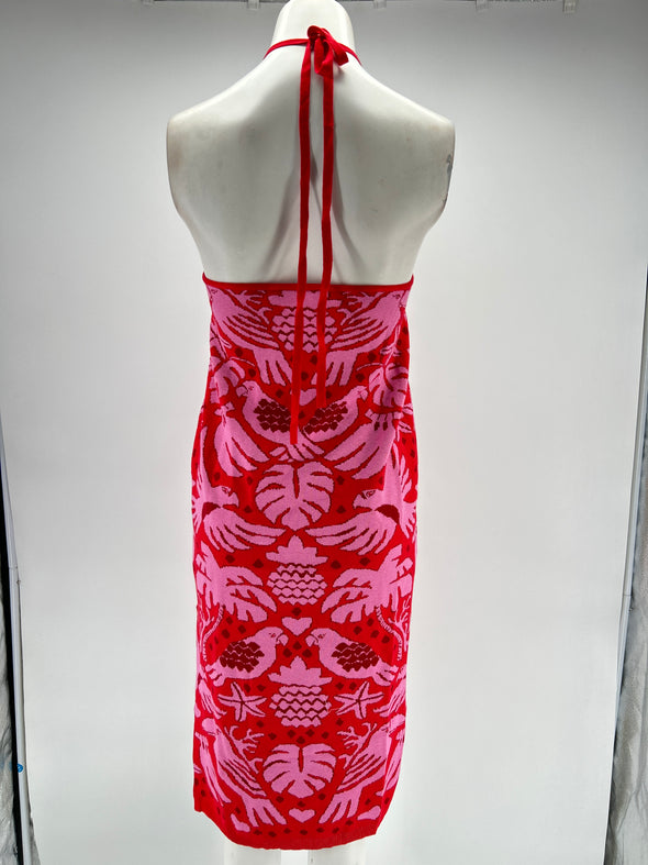 Robe rose et rouge dos nu à motifs oiseaux