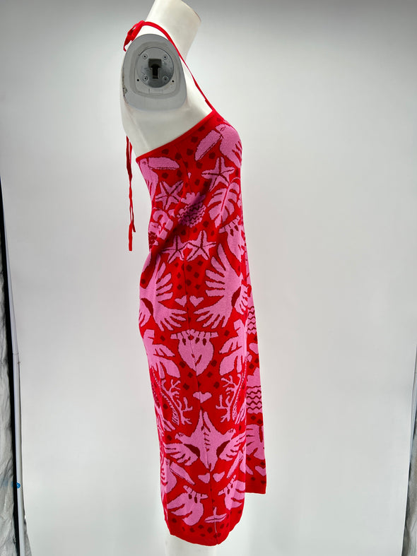 Robe rose et rouge dos nu à motifs oiseaux