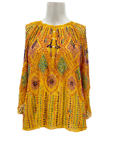 Blouse moutarde avec strass colorés