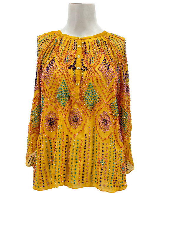 Blouse moutarde avec strass colorés