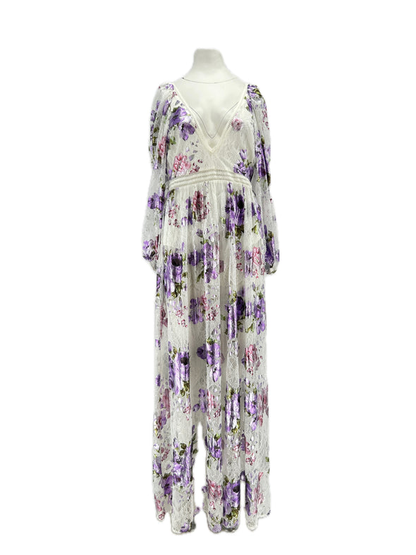 Robe longue blanche et parme