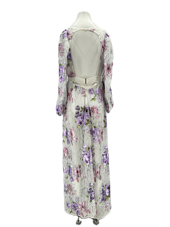Robe longue blanche et parme