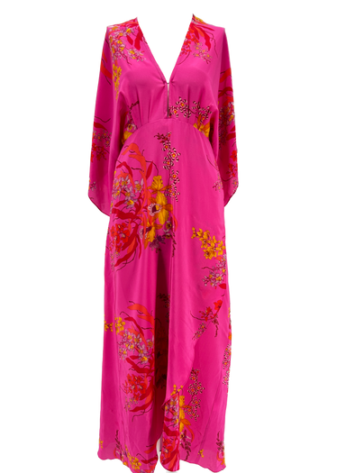 Robe rose avec imprimés floraux en soie