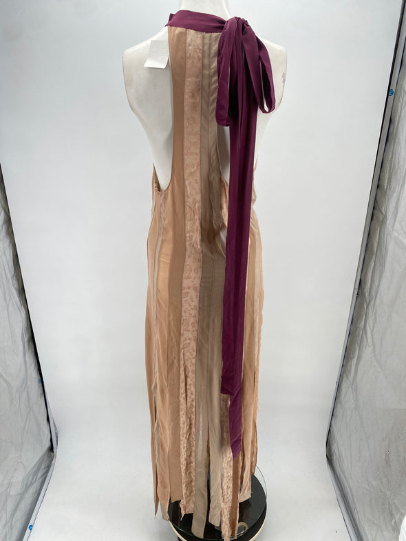 Robe longue en soie beige et bordeaux