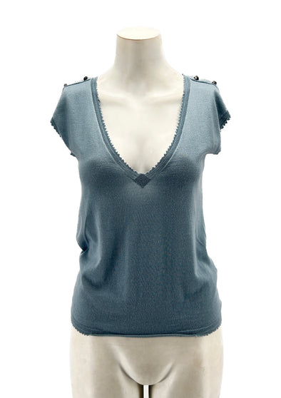 T-shirt bleu en cachemire à détails tête de mort