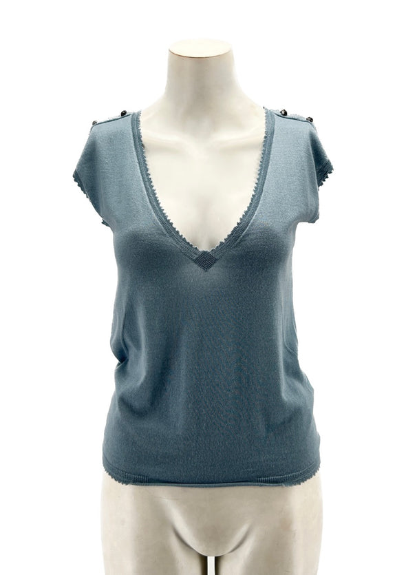 T-shirt bleu en cachemire à détails tête de mort