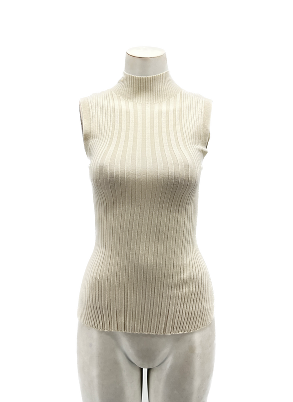 Col roulé beige sans manches en laine