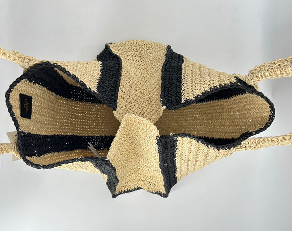 Sac cabas en paille à rayures noires