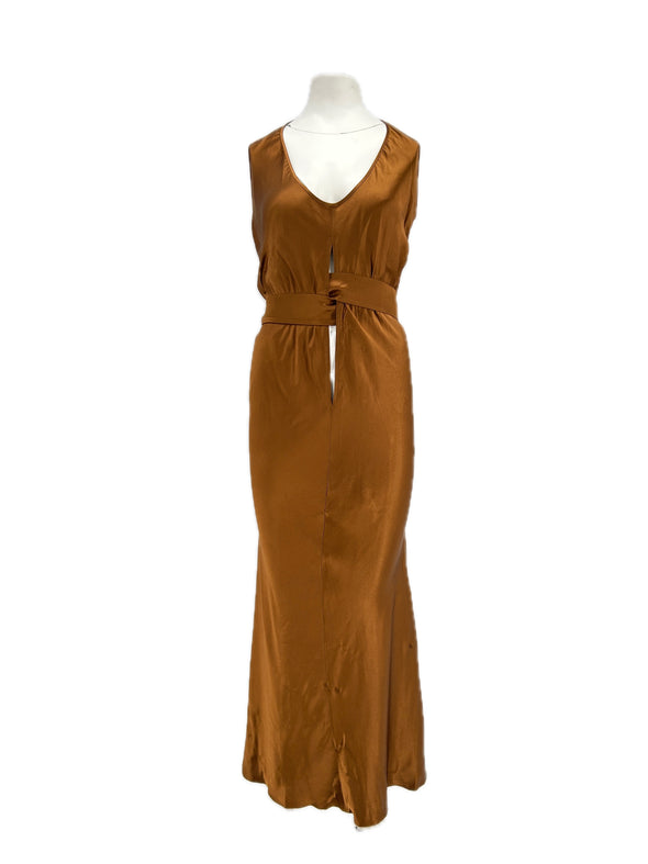 Robe satinée marron