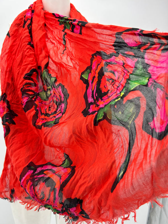 Étole rouge imprimé roses