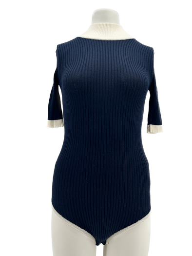 Body en maille bleu marine et blanc