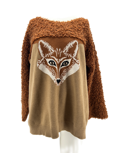 Pull marron en laine à motif renard