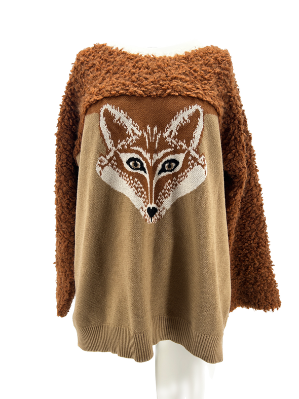 Pull marron en laine à motif renard