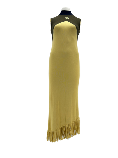 Robe midi asymétrique jaune à franges