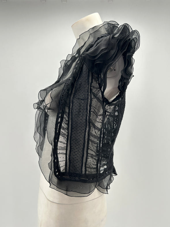 Blouse noire en coton transparente à volants