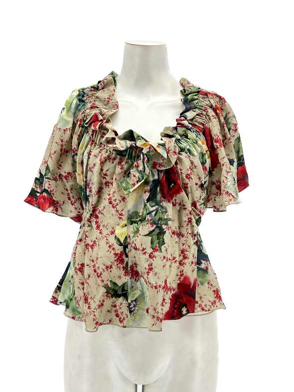 Top beige à volants et imprimé floral