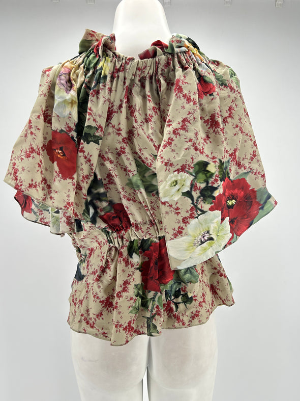 Top beige à volants et imprimé floral