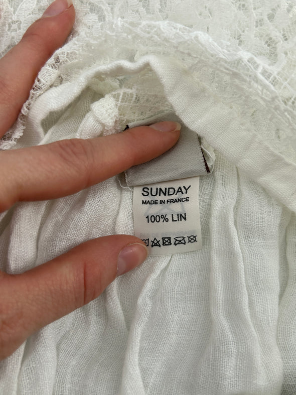 Top à manches 3/4 en lin blanc à dentelle