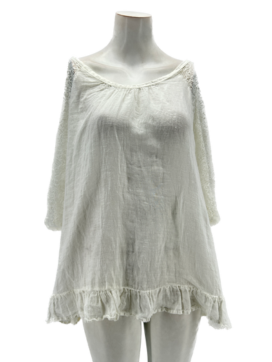 Top à manches 3/4 en lin blanc à dentelle