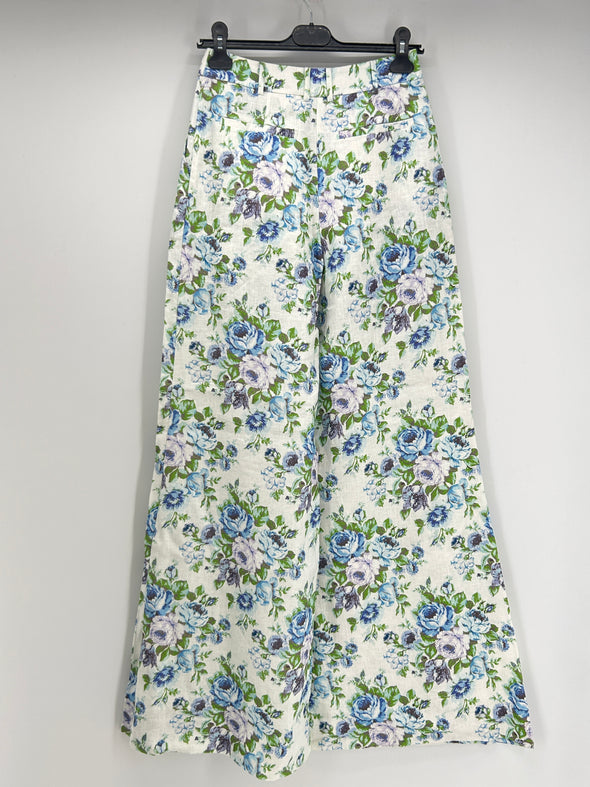 Pantalon fluide et large blanc en lin à fleurs