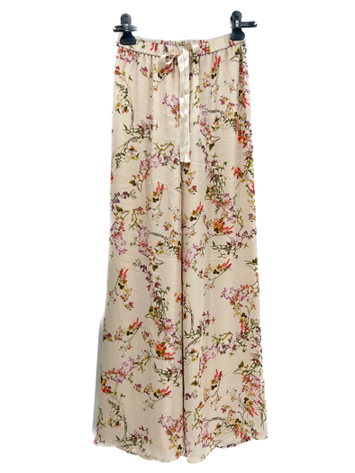 Pantalon fluide beige à fleurs rose et orange