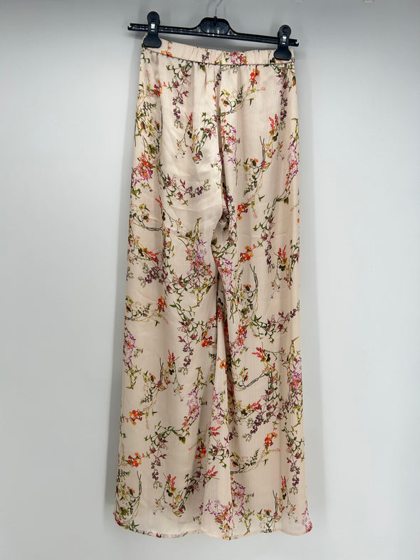 Pantalon fluide beige à fleurs rose et orange