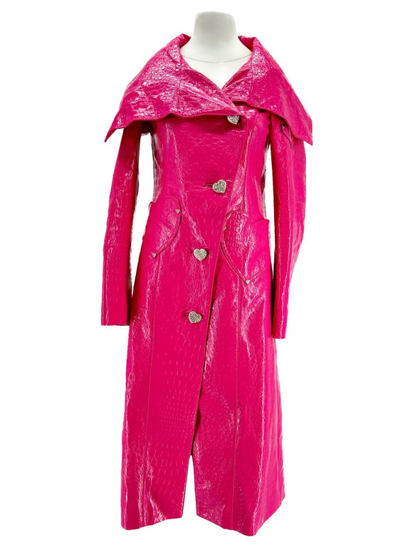 Manteau en cuir embossé croco rose