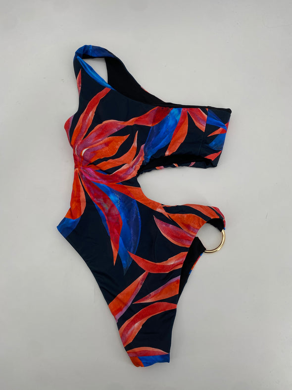 Maillot une pièce fleurs rouges et bleues