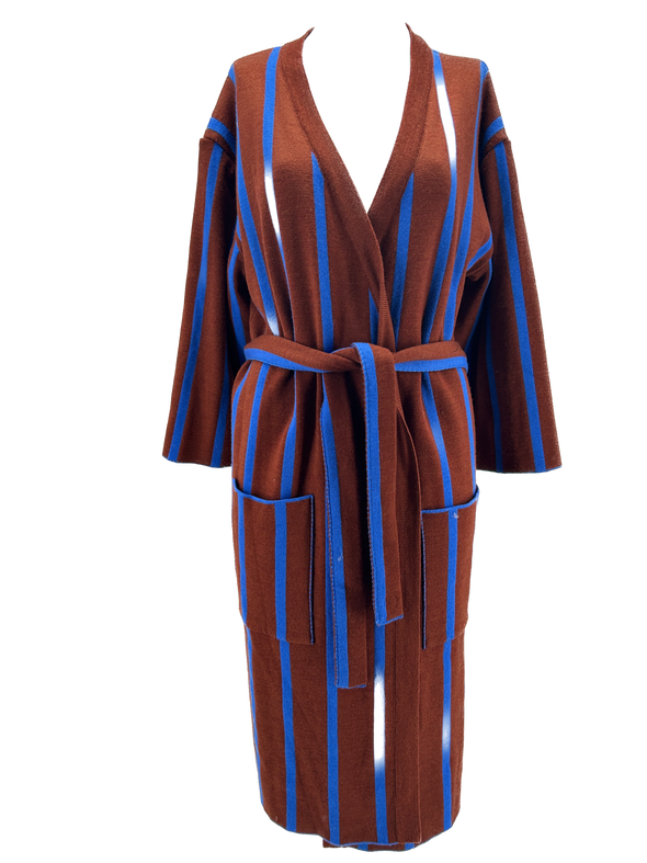 Long gilet bleu et marron à rayures