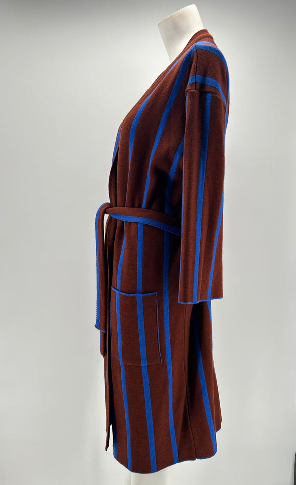 Long gilet bleu et marron à rayures