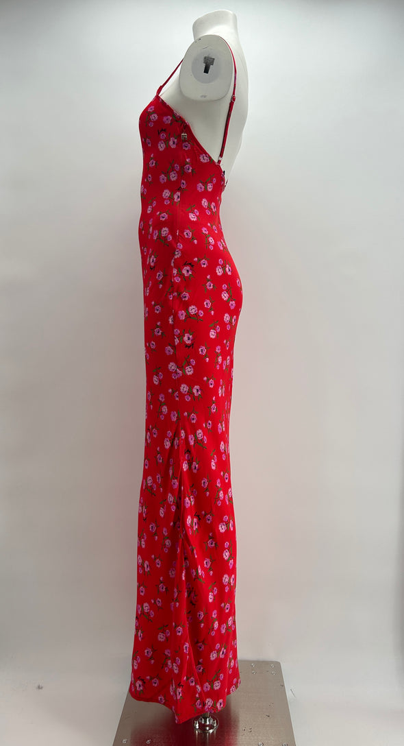 Robe longue rouge à fleurs