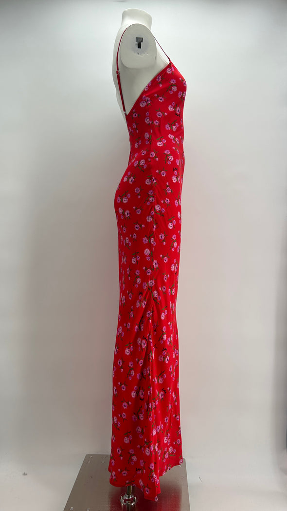 Robe longue rouge à fleurs