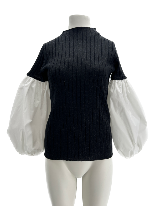 Top noir à manches bouffantes bi-matière