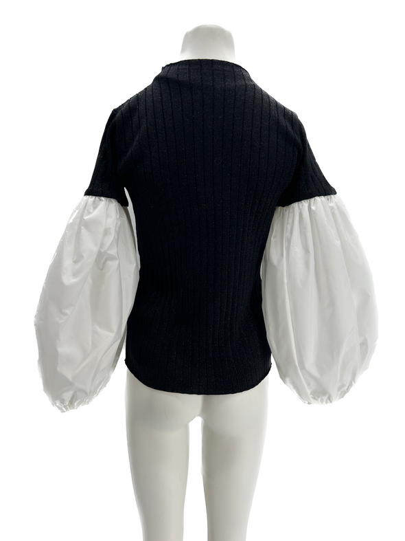 Top noir à manches bouffantes bi-matière