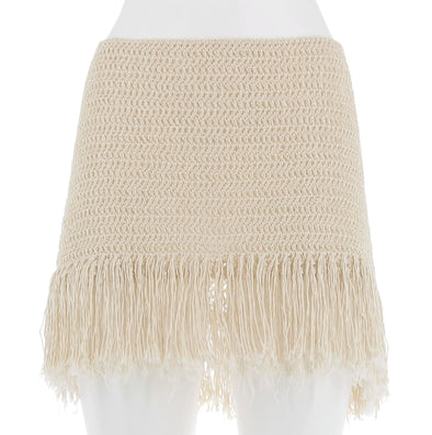 Mini jupe en crochet beige à franges