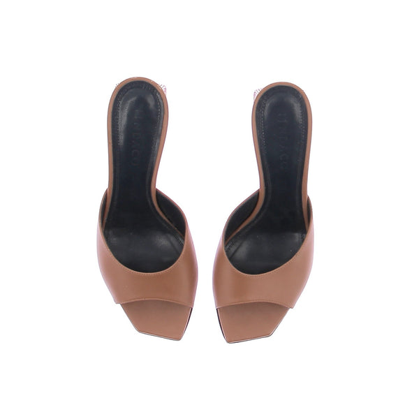Mules "Ade" camel à petits talons à strass